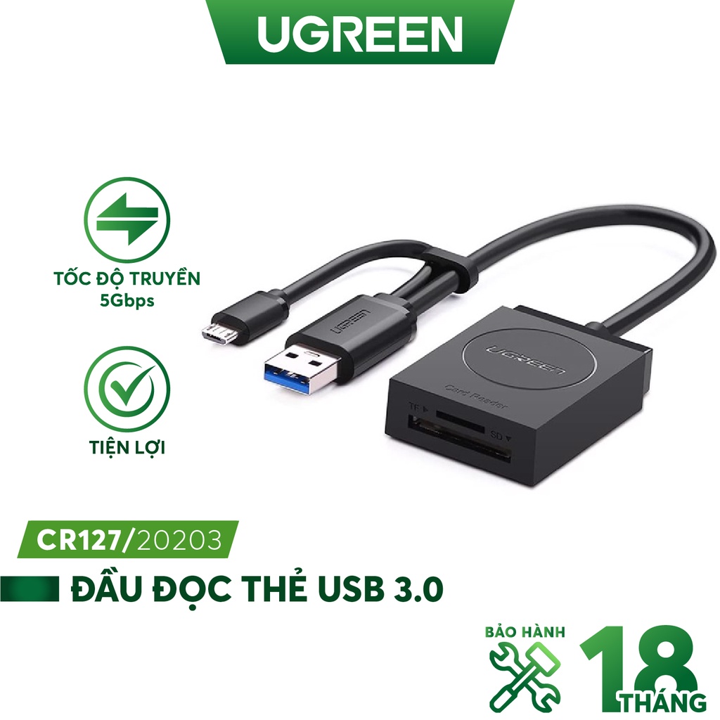 Ugreen 20203 15cm màu đen bộ chuyển usb 3.0 sang đọc thẻ tf + sd hỗ trợ otg cao cấp