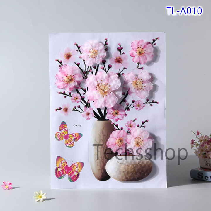 Decal trang trí dán tường 3d nổi hình lọ hoa - Decor trang trí phòng ngủ, phòng khách, phòng bếp đẹp - Giấy dán tường chất liệu PVC cao cấp