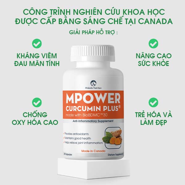 Thực phẩm hỗ trợ chống oxy hóa, kháng viêm đau mãn tính Mpower Curcumin Plus