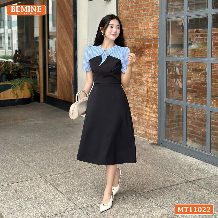 Đầm thiết kế BEMINE cổ V phối sọc xếp trước ngực dáng chữ A phù hợp đi làm-MT11022