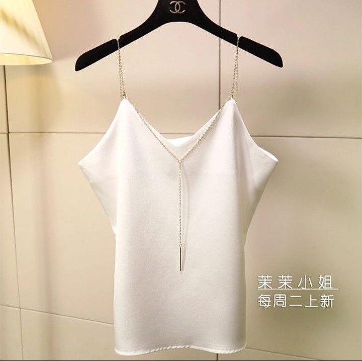 Áo hai dây sợi xích sang trọng, kiêu kỳ, vải phi bóng đẹp 11217 ( MÀU TRẮNG )