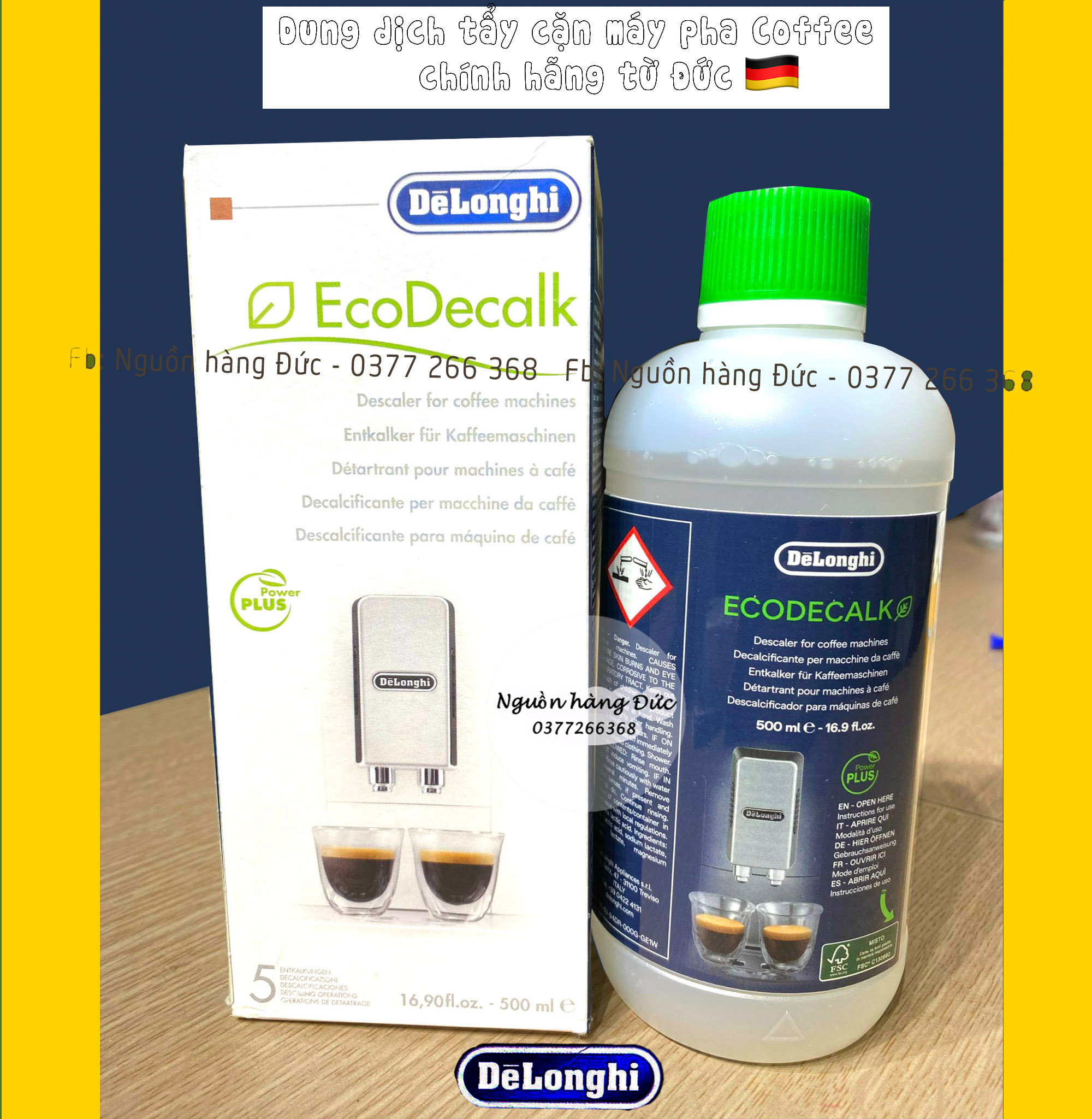 Dung dịch tẩy cặn vệ sinh máy pha cà phê Delonghi DLSC500 EcoDecalk, bình siêu tốc, ấm đun - Nguồn hàng Đức