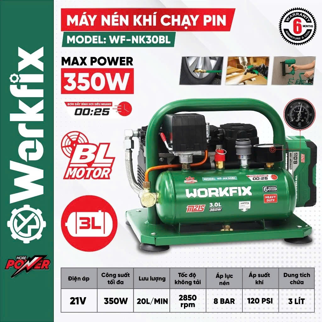 Workfix Wf-Nk30Bl Battery Air Compressor, 350W Power, Pump Flow 20L/Min, Pressure 12Psi, Capacity 3L Giá 1,998,220 Đồng*Miễn phí vận chuyển