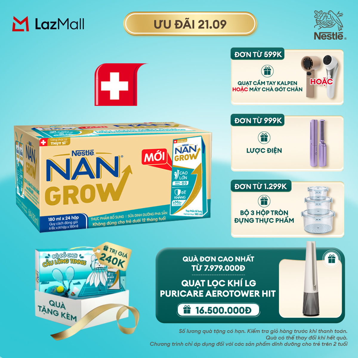 [Tặng Đồ chơi cầu lông] Thùng 24 hộp Sữa bột pha sẵn Nestlé NANGROW 180ml cho bé trên 1 tuổi - Sữa nước vị nhạt thanh