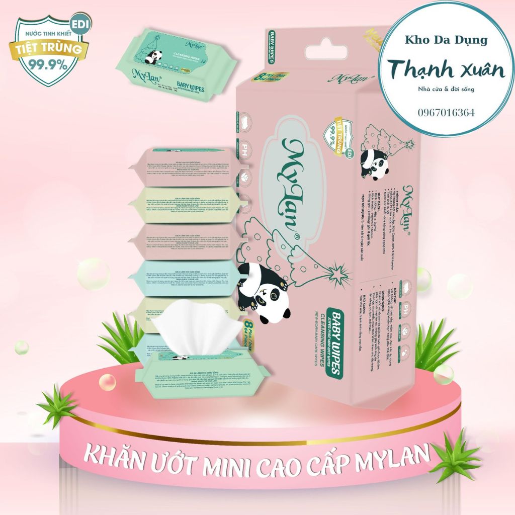 Combo 8 gói khăn ướt mini cao cấp mylan lốc,8 miếng/gói