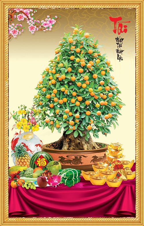 Tranh Dán Tường Tết Cây Quất Chất Liệu PP Kim Sa Cao Cấp TDT-0063