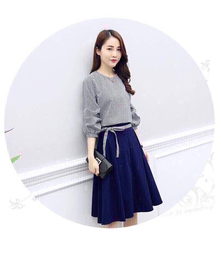 Sét Áo Ca Rô Và Chân Váy Xòe Cá Tính Nữ Thời Trang Bambo