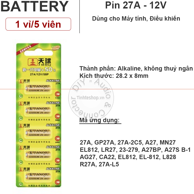 Pin tiểu 12v 27a a27 lr27 mn27 tmmq 1 vỉ 5 viên - pin remote cửa xe hơi