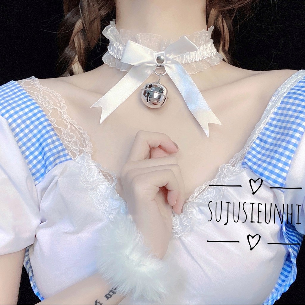 Vòng cổ choker nơ ren đính chuông cosplay mèo neko