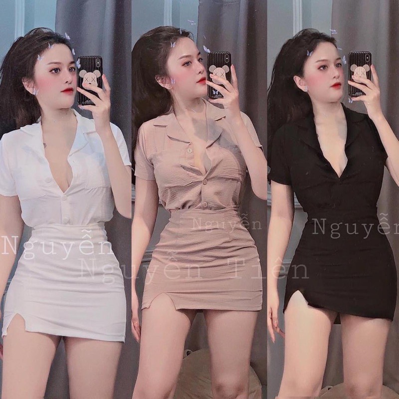 Sét bộ nữ áo cổ vest chất vải đũi kèm chân váy có quần trong FreeSize dưới 53kg
