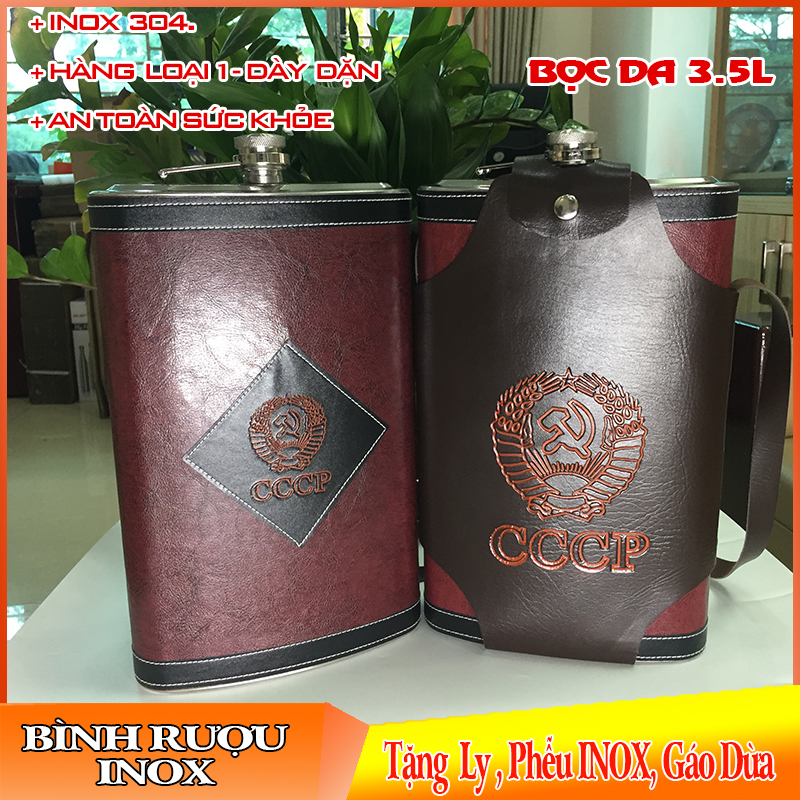 Bình Đựng INOX CCCP Bọc Da 3.5L | Tặng Bao Da + Phễu + Ly INOX Mini + Gáo Dừa | Đẹp Độc Lạ An Toàn
