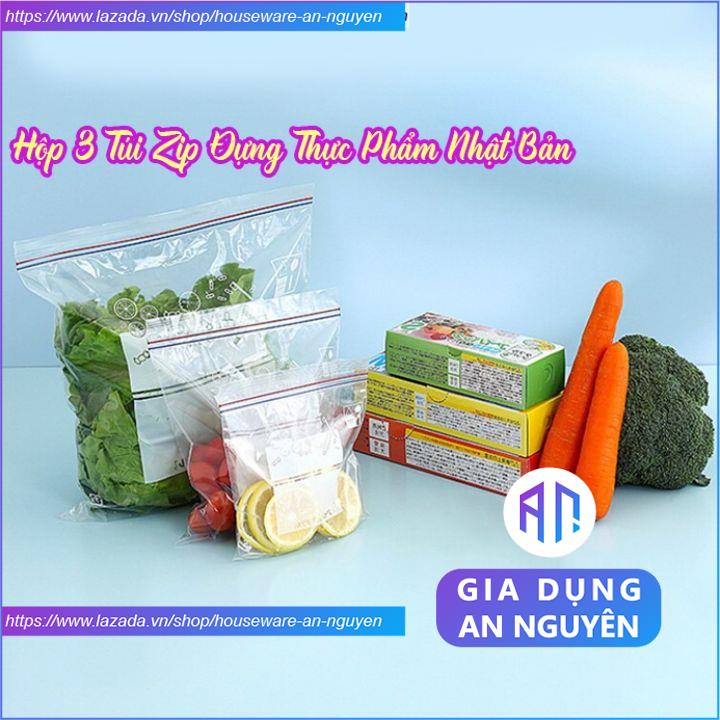 Hộp 3 túi zip đựng thực phẩm Nhật Bản, túi zipper bảo quản thực phẩm trong tủ lạnh tái sử dụng có khóa kéo