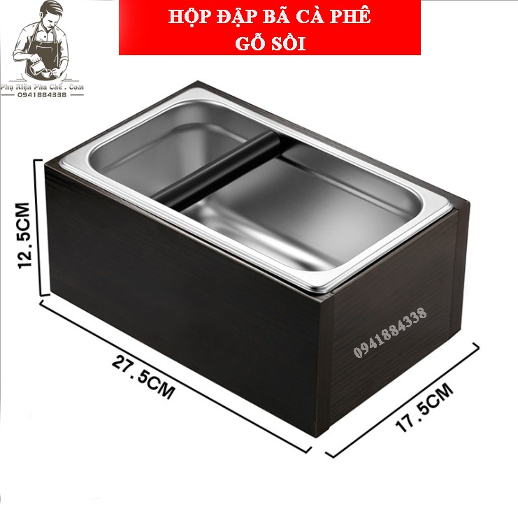 Hộp đập bã cà phê inox vỏ gỗ sồi