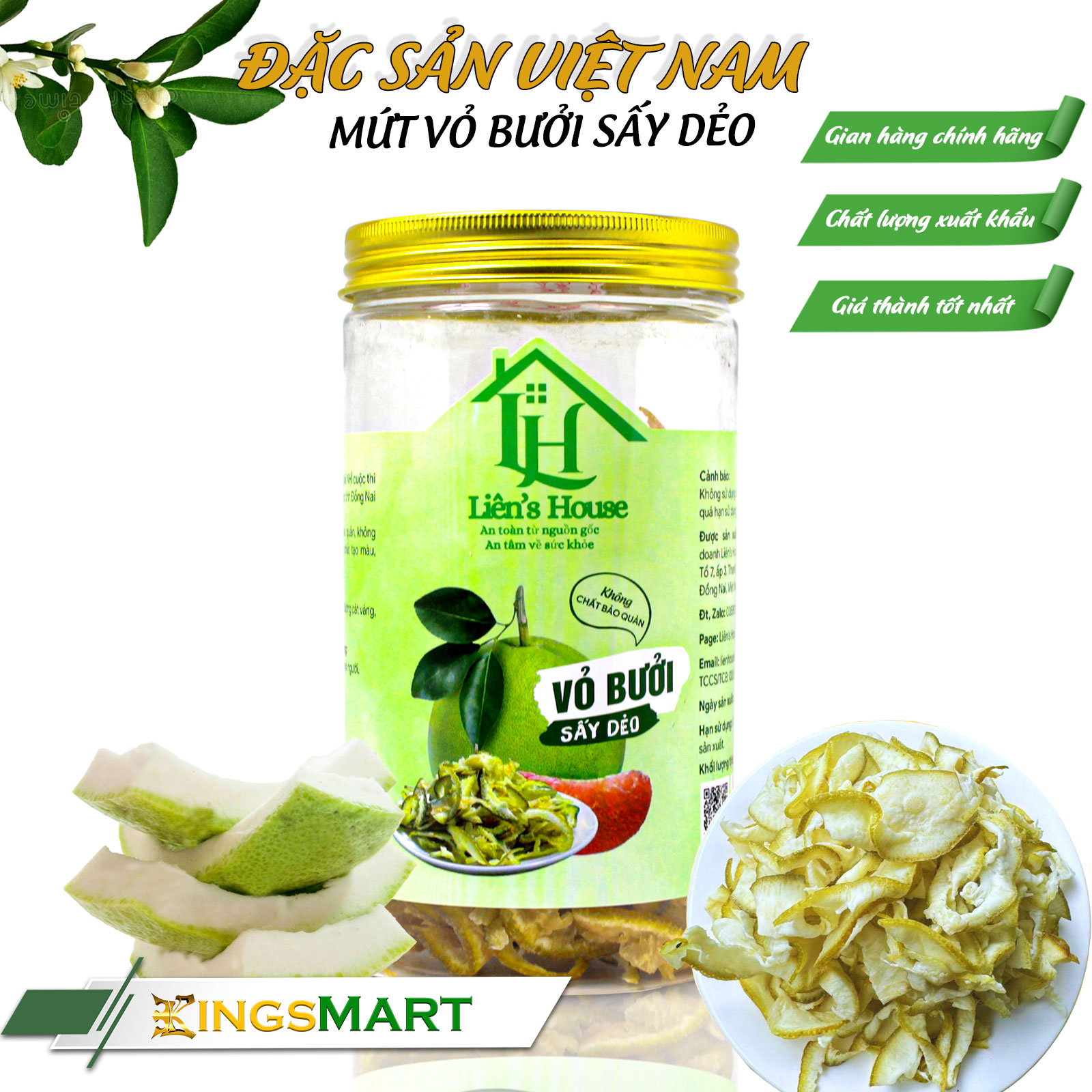 Mứt vỏ bưởi sấy dẻo - Thương hiệu LIÊN'S HOUSE - Đặc sản Đồng Nai - Hũ nhựa 150g - Kingsmart