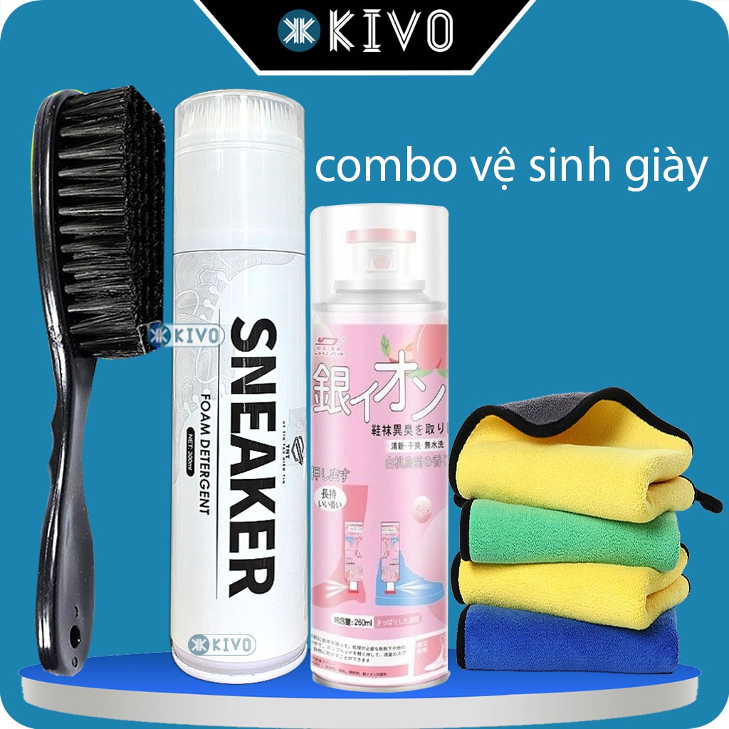 Bộ Vệ Sinh Giày, Giặt Giày Khô 300ml - Xịt Chống Thấm Giày 250ml/ Xịt Khử Mùi Giày/ vệ sinh giày trắng/ đánh bóng giày da/ giặt giày trắng/ giặt giày thể thao/ giặt giày vải/ Khăn Lau Giày - Vệ Sinh Giày Kivo