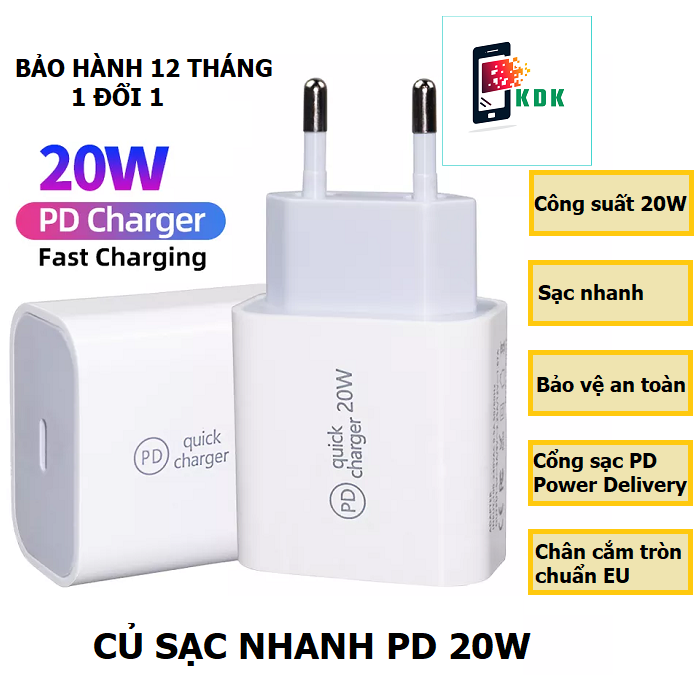 Iphone Adaptor 20W, bộ củ sạc nhanh 20W Type C - Lightning cho Iphone, Ipad + Cáp sạc nhanh type C - Lightning, hàng chất lượng cao