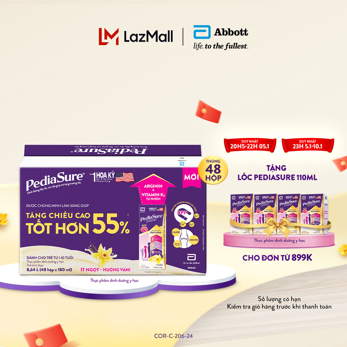 [CHỈ TỪ 20H 5.1 TẶNG LỐC 110ML CHO ĐH 899K-SLCH] Thùng 48 hộp sữa nước PediaSure 180ml hương Vani [bao bì thay đổi theo từng đợt nhập hàng]