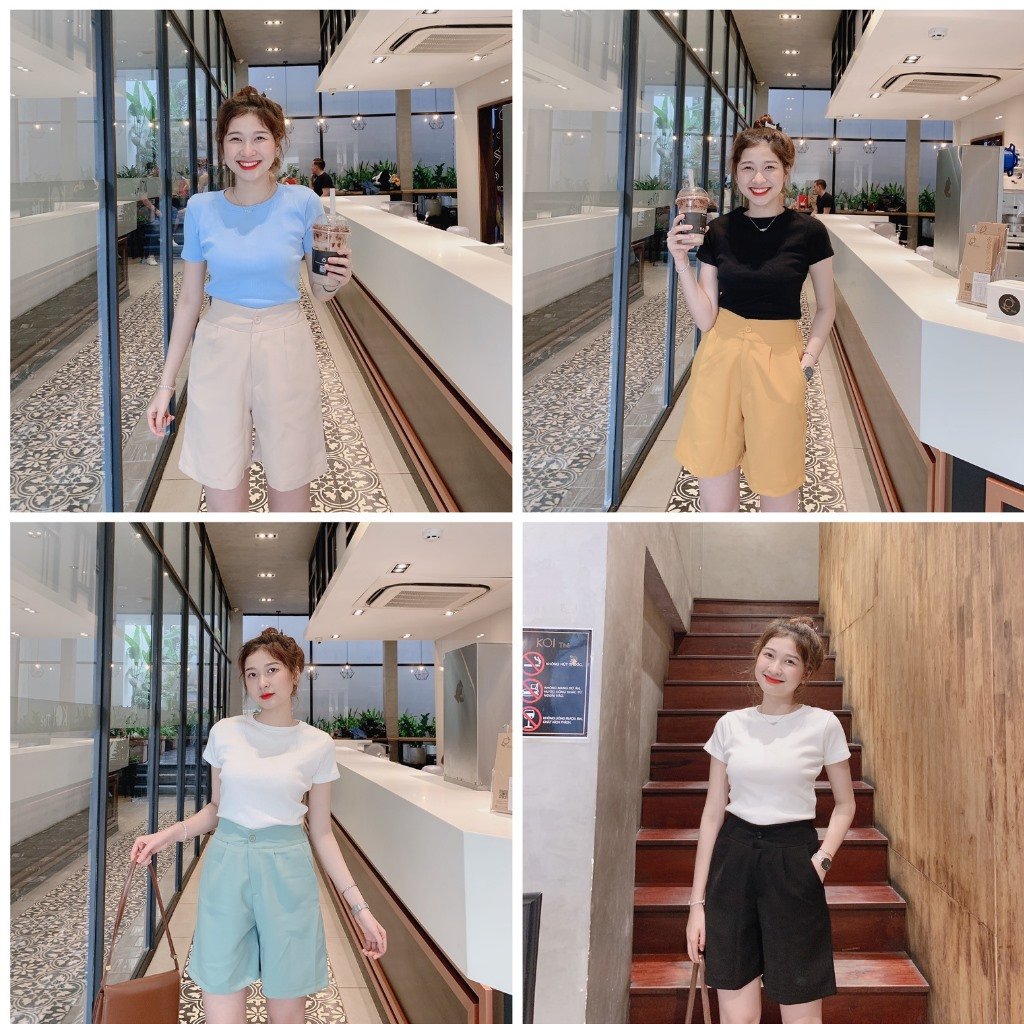 Quần short  SURI đũi nữ quần ngố nữ lửng đũi ống rộng cạp cao, quần short ngắn nữ mặc nhà vải mềm màu đen vàng xanh be chất đẹp-QUANDUI