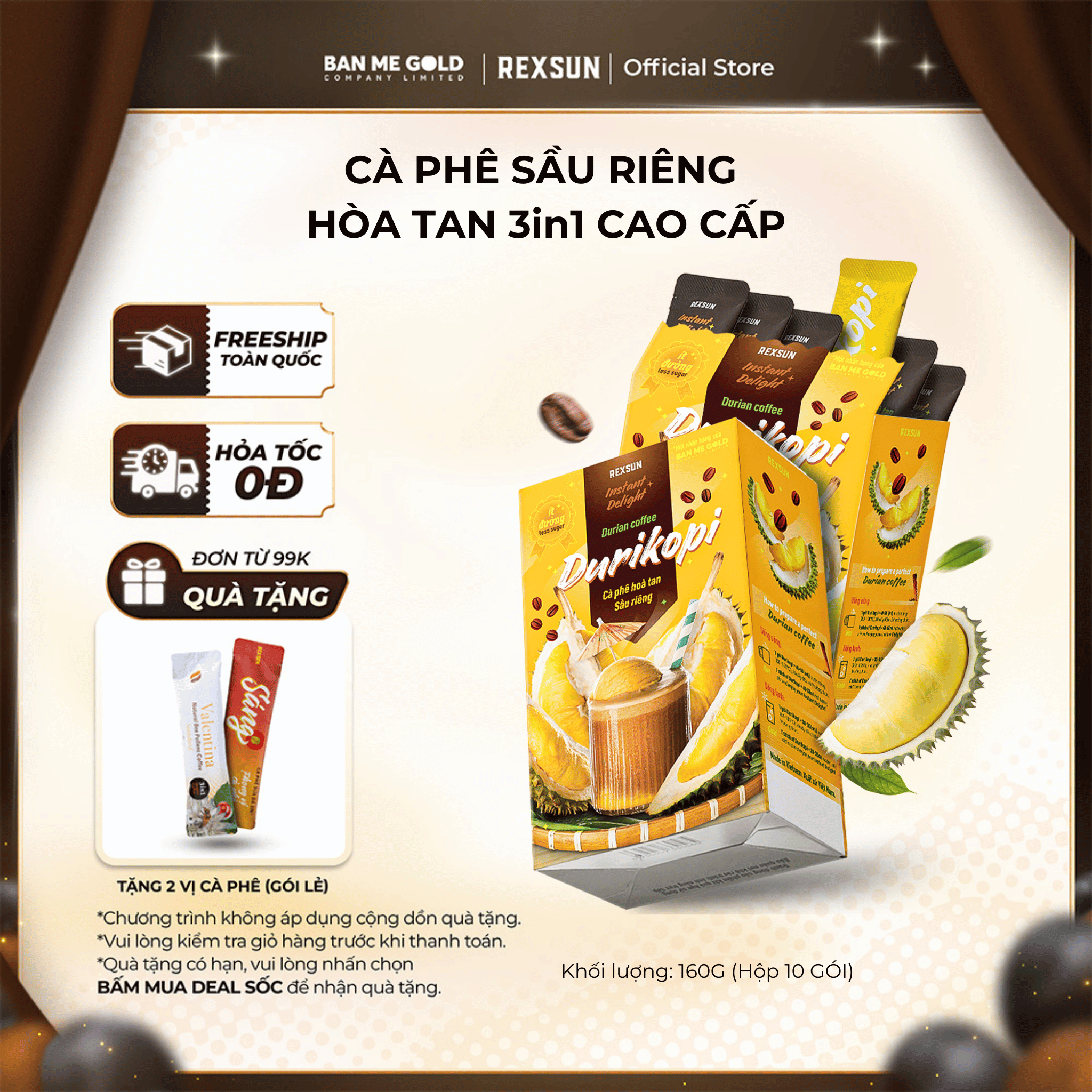   TẶNG QUÀ  Cà Phê Sầu Riêng Durikopi Hòa Tan - Instant Delight – Hộp 160gr  10 Gói  - Cafe Hòa Tan Chính Hãng Ban Me Gold - REXSUN 