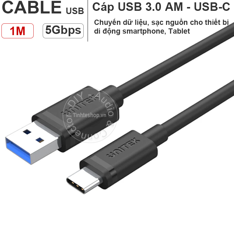 Dây usb 3.0 am sang usb c 3.1 gen1 5gbps cấp nguồn 2.4a 1 mét unitek y-c474bk
