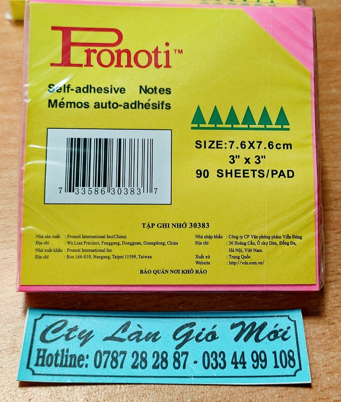 Giấy note dạ quang 3''x3'' pronoti 7.6cm x7,6cm xấp 90 tờ