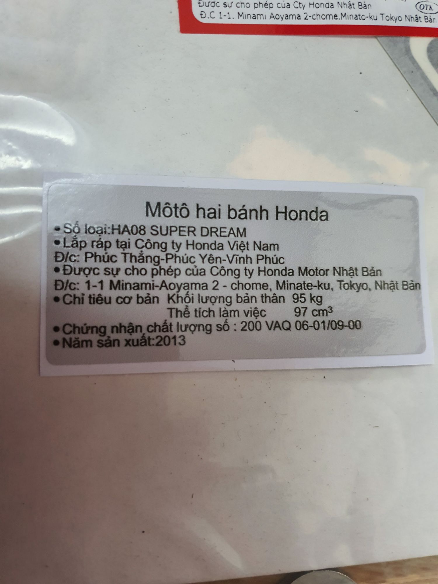 Tem năm sản xuất 2013 xe Dream Việt