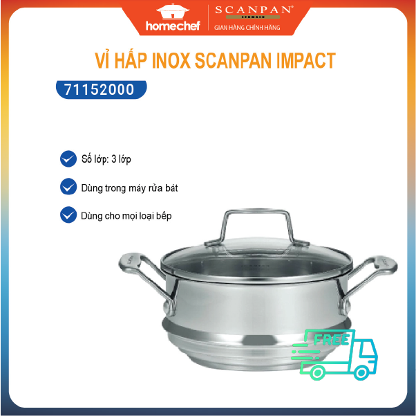 Vỉ hấp có nắp scanpan impact 3 cỡ nồi 16/18/20cm 71152000, inox 18/10 an toàn cho sức khỏe, dùng được trong máy rửa bát - hàng chính hãng