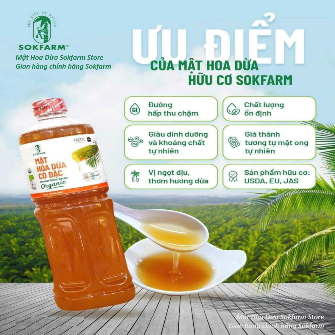 Mật cô đặc Sokfarm 1,4kg từ mật hoa dừa hữu cơ sokfarm có chỉ số đường huyết thấp giàu khoáng chất