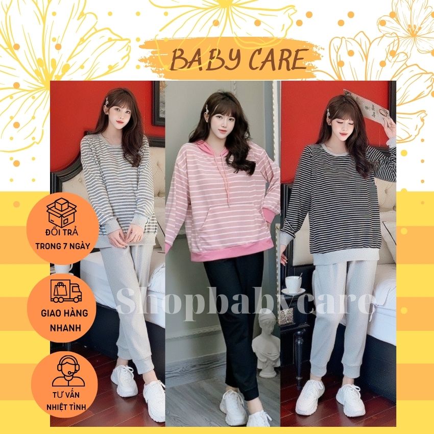 Bộ bầu kẻ thu đông dài tay xinh xắn- bộ cho bà bầu trước và sau sinh có khóa ti cho bé