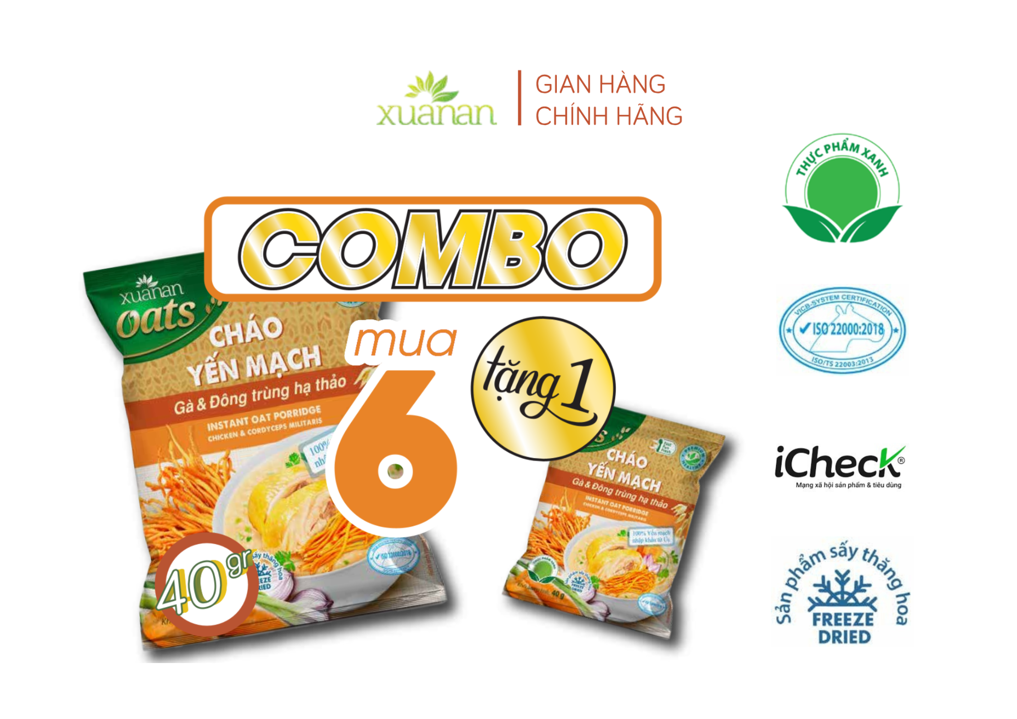 Combo 6 gói cháo yến mạch thịt gà & đông trùng hạ thảo xuân an 40g