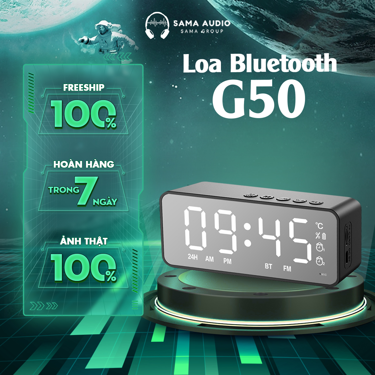 G50 - Loa Đồng Hồ Bluetooth Không Dây Màn Hình Led Tích Hợp Đài FM - Tích Hợp Đồng Hồ - Màn Hình Gương