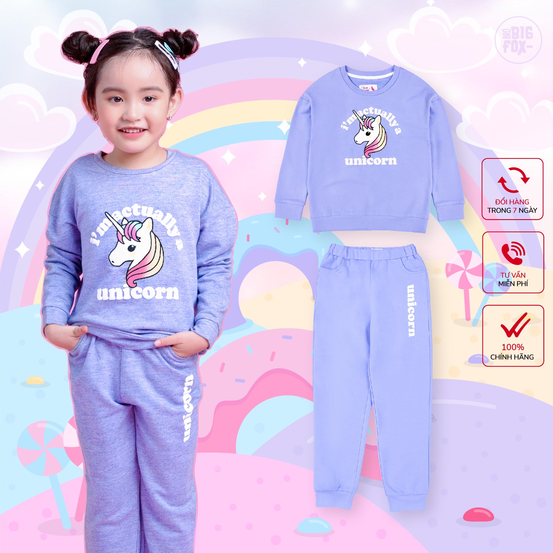 Bộ thu đông bé gái size đại -, bộ nỉ dài tay trẻ em phong cách Hàn Quốc hình unicorn 11 - 31 kg