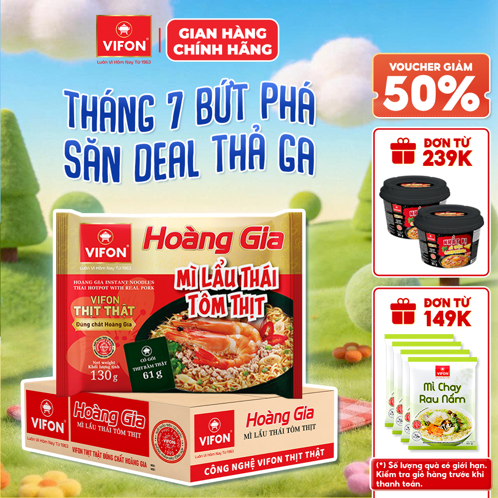 [Voucher 28% đơn từ 400K] Thùng 18 Gói/ Set 5 Gói Mì Lẩu Thái Tôm Thịt Hoàng Gia VIFON 130g Có Gói Thịt Bằm Thật