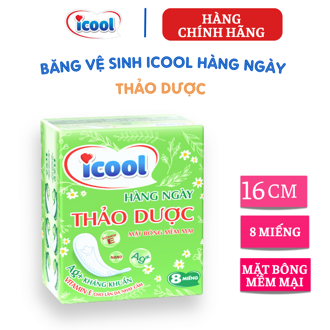 {Hàng chính hãng} Băng Vệ Sinh ICOOL Thảo Dược Hoa Cúc Trà Xanh 8 Miếng, BVS hàng ngày 16cm, không cánh, mặt vải mềm, không mát.