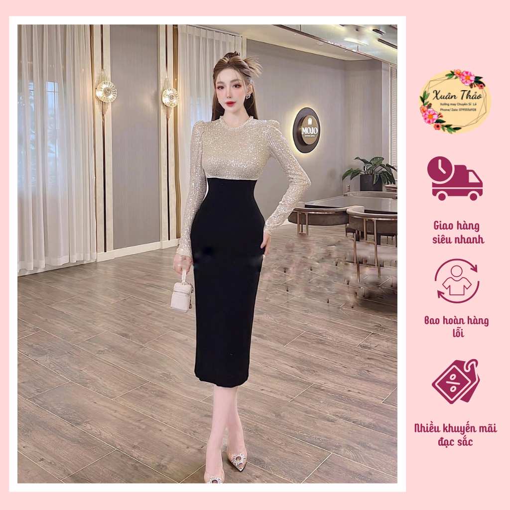 Đầm váy body thiết kế phối nhũ kim sa tay dài, đầm body dự tiệc sang chảnh,mã số a219