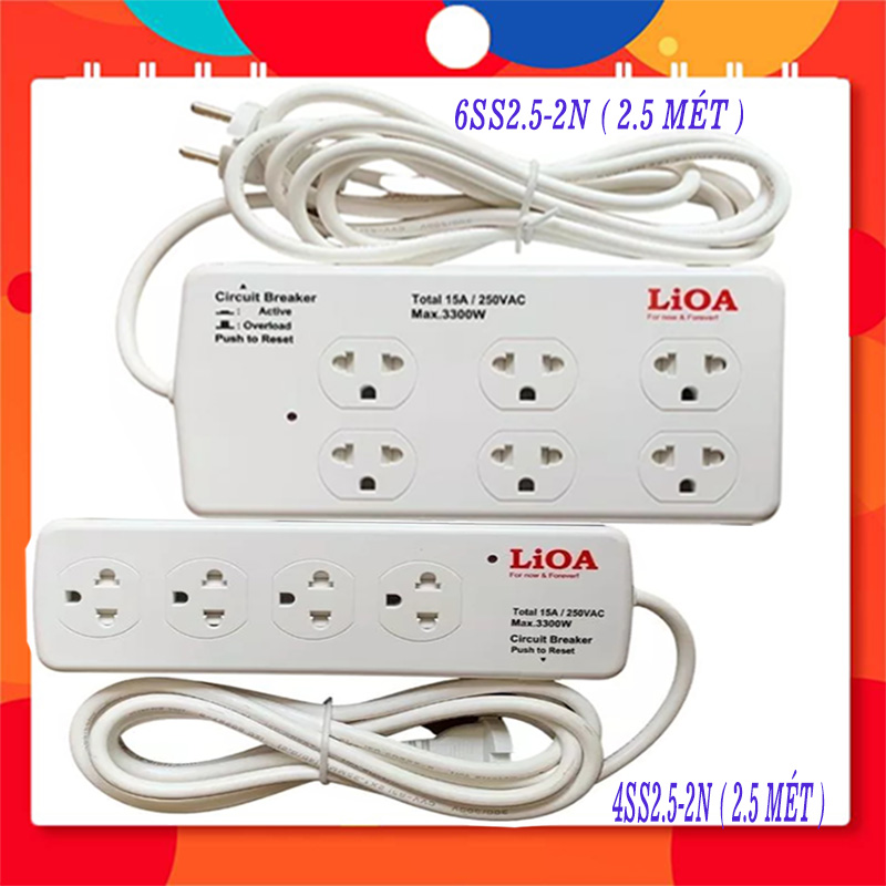 Ổ cắm lioa công suất lớn 3,300w - 15a , 4 ổ cắm hoặc 6 ổ cắm – 4ss2.5-2n & 6ss2.5-2n, bảo vệ quá tải bằng cb