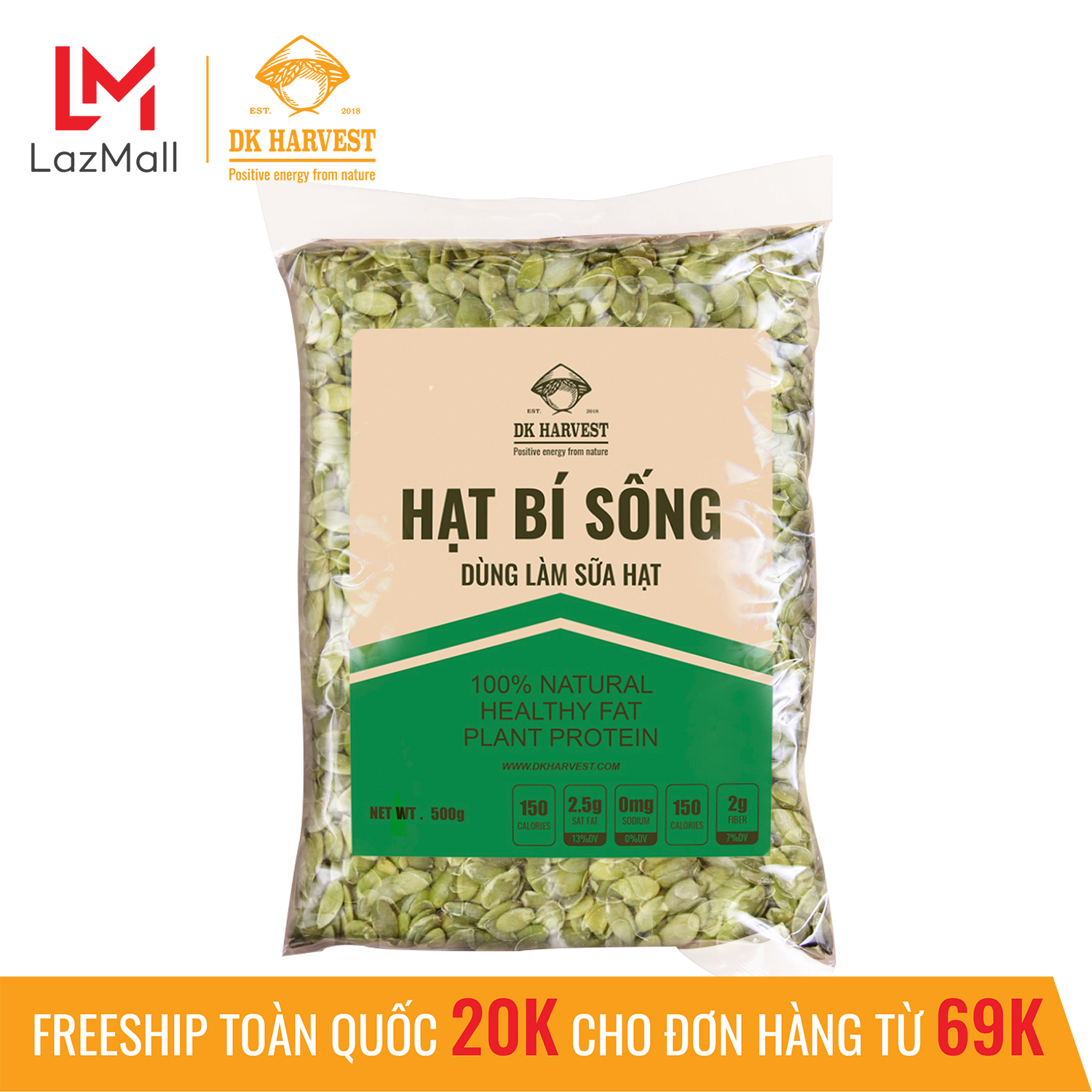 Hạt bí sống DK Harvest nhập khẩu - Túi 500g, hạt bí tách vỏ, hạt bí xanh nhập khẩu, hạt bí dùng làm sữa, hạt bí sống, hạt làm sữa