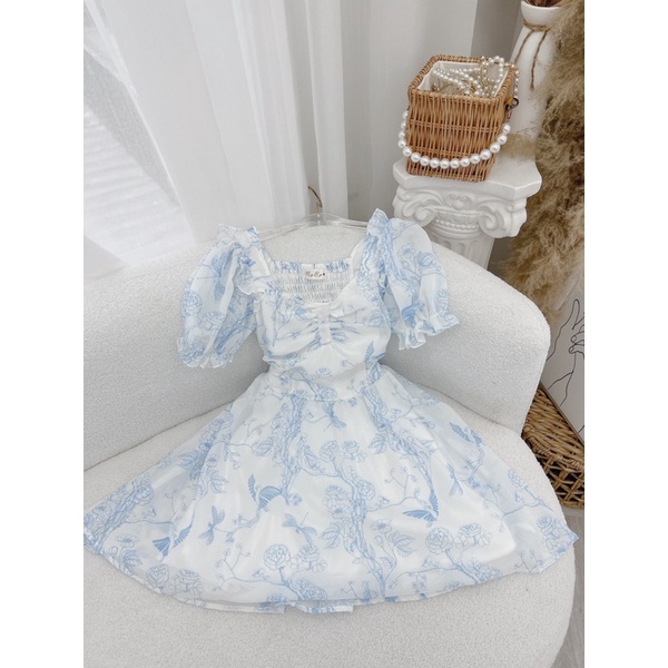 Đầm hoa xanh nhún chỉ - Chitchitstore
