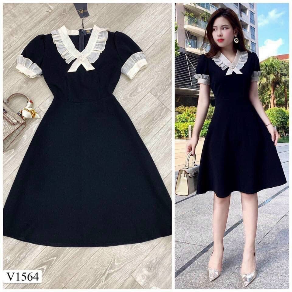 Đầm xòe nữ màu đen phối cổ màu trắng