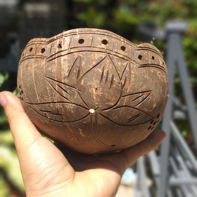 gáo dừa trồng hoa, lan có khắc hoa văn, cắt viền miệng. khách trồng hoa hay lan thì dặn shop làm nha