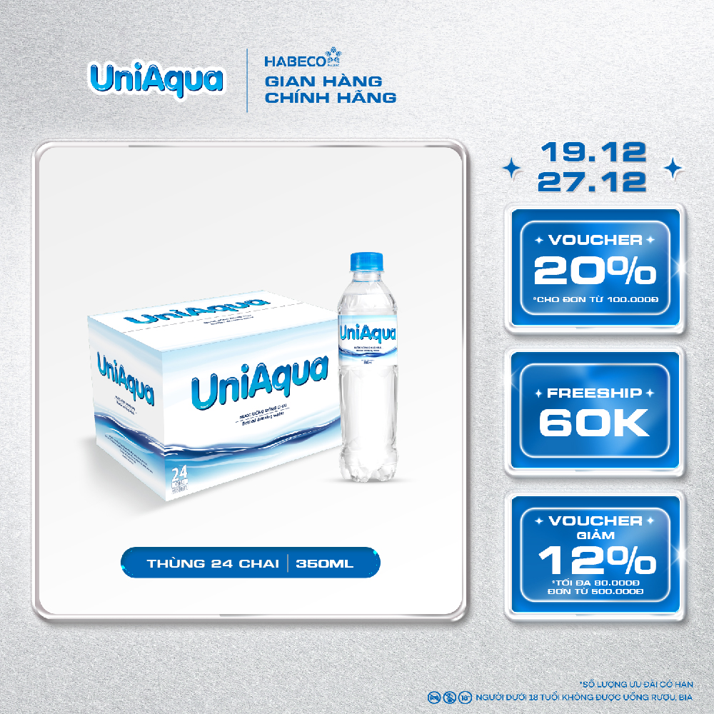  Thùng 24 chai Nước uống đóng chai UniAqua - HABECO  350ml chai  
