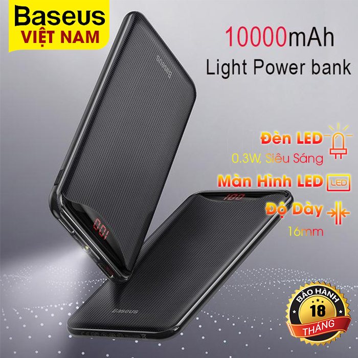 Pin sạc dự phòng Baseus 010000mah với màn hình hiển thị phần trăm pin và 2 cổng USB ra - Phân phối bởi Baseus Vietnam