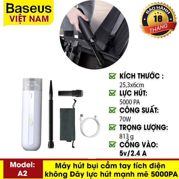 [BẢO HÀNH 18 THÁNG] Máy hút bụi cầm tay tích điện mini không dây Baseus A2 Car Vacuum Cleaner lực hút mạnh mẽ 5000PA cho gia đình, xe hơi hay văn phòng