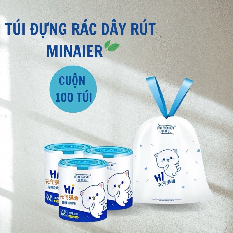 Túi rác có quai, túi đựng rác dây rút Minaier, túi rác sinh học PE dày dặn tiện lợi