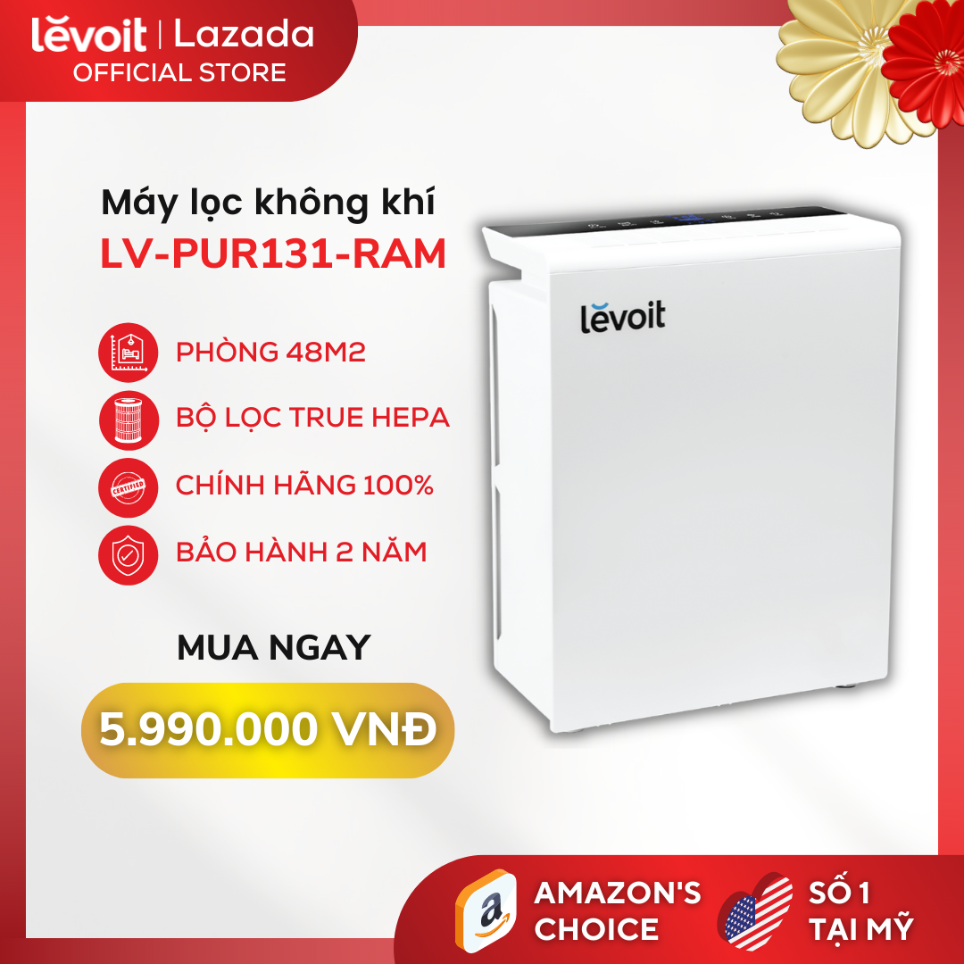 Máy lọc không khí levoit lv-pur131-ram phù hợp phòng 48m2 - bộ 3 màng lọc hepa, khử mùi, diệt khuẩn, lọc sạch bụi mịn đến 99.97% - chính hãng số 1 tại mỹ - bảo hành 12 tháng