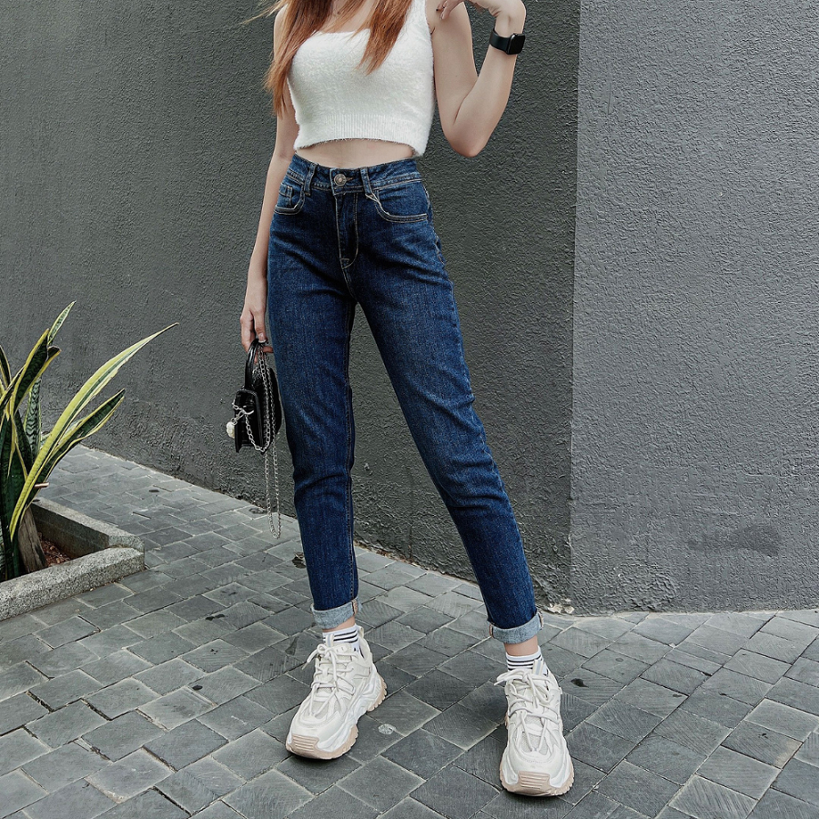 Quần jean nữ boyfriend baggy trơn dài co giãn HQJEANS