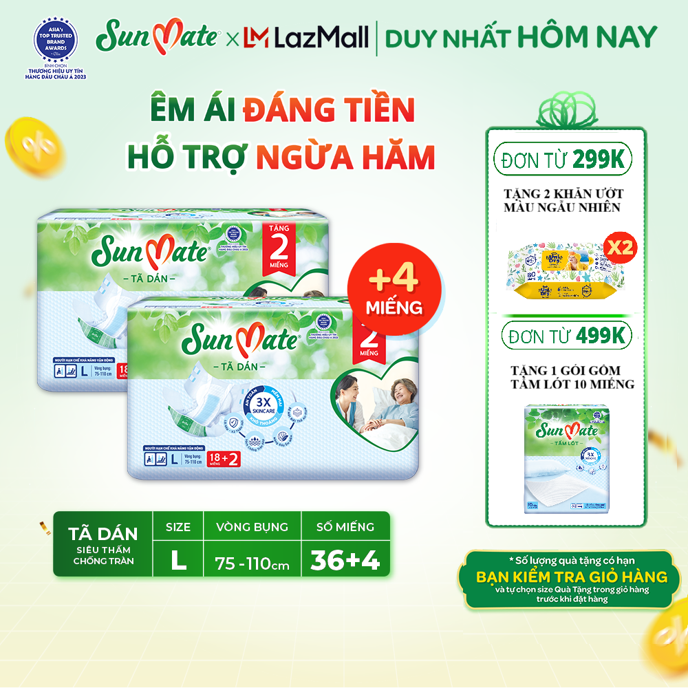 Combo 2 tã dán người lớn Sunmate mới M18/L18/XL18 +2 miếng