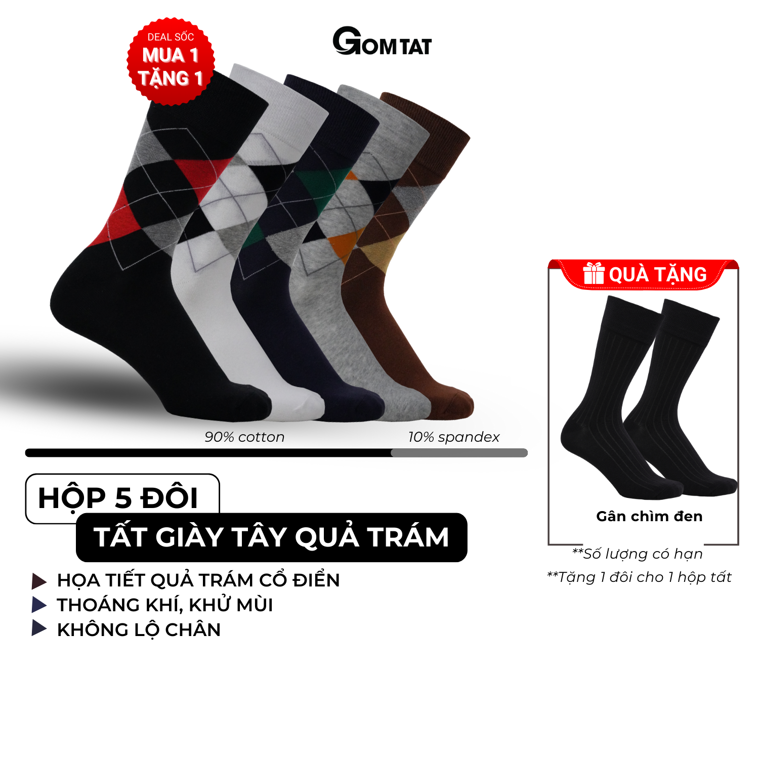 Hộp 5 đôi tất nam cao cổ đi giày tây GOMTAT hoạ tiết quả trám chất liệu cotton cao cấp thoáng mát - GOM-QUATRAM-CB5