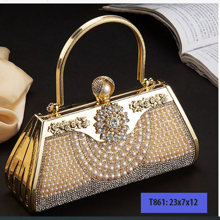 Ví nữ cầm tay dự tiệc đẹp, bóp cầm tay nữ dự tiệc, cưới đính ngọc hình bông hoa sang trọng - T861