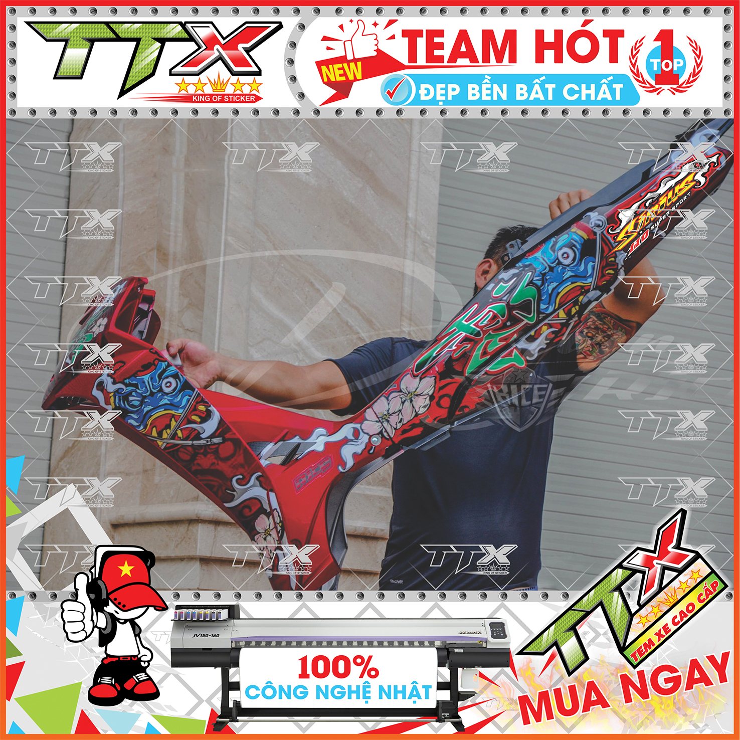 Tem rời sirius mặt quỷ daruma , Team chế sirius dán xe màu đỏ nền đen siêu ngầu , Shop TTX Tem xe sirius